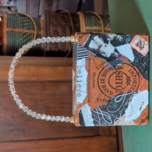 Cigar Box Purse, Beaded Handle Rectangular Wood Box Hand Embellished